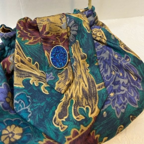 JT Beckett Handmade Tie Crossbody Purse w/Sparkling Blue Brooch Small 7.5"x6" - Picture 11 of 11